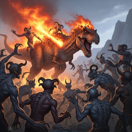 Fiery Dinosaur vs Demonic Creatures: Epic Fantasy Encounter