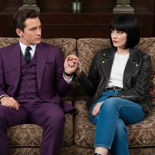 Stylish Couple in Purple Suit and Leather Jacket | Sofa Scene
