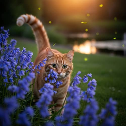 Playful Orange Cat Among Bluebells at Dusk