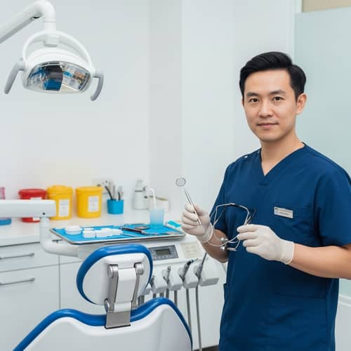 Experienced Asian Male Dentist with Dental Instruments | Clinic Setup