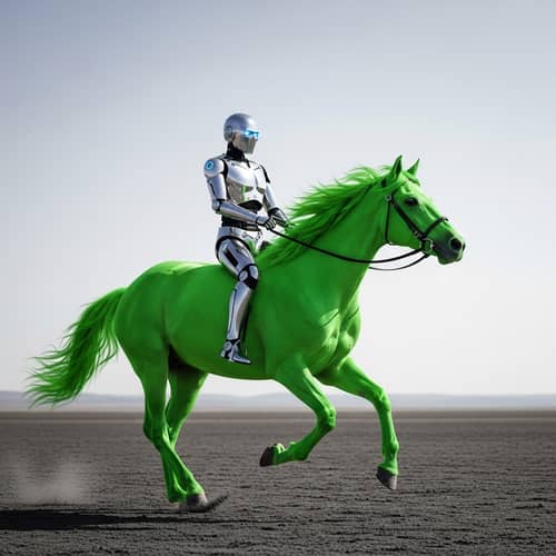 Surreal Robot Riding Bright Green Horse | Artistic Scene