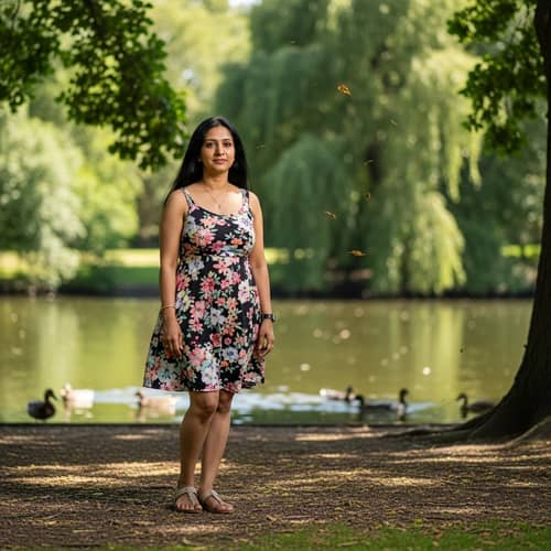 Tranquil Park Scene: South Asian Woman in Floral Sundress
