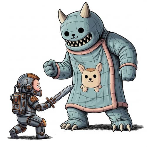 Baby Mech vs Blankie Titan: Adorable Battle Illustration