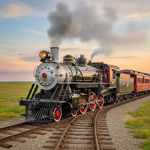 Antique Steam Locomotive on Converging Railway Tracks