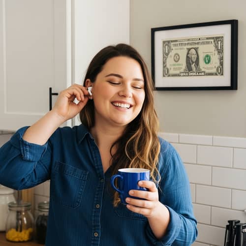 Cheerful Overweight Woman Enjoying Music in Homely Kitchen