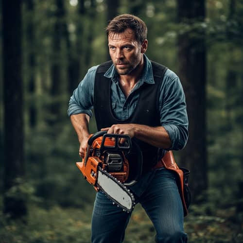 Experienced Lumberjack with Chainsaw in Dense Forest