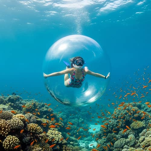 Woman Diving Freely in Bubble Underwater Adventure