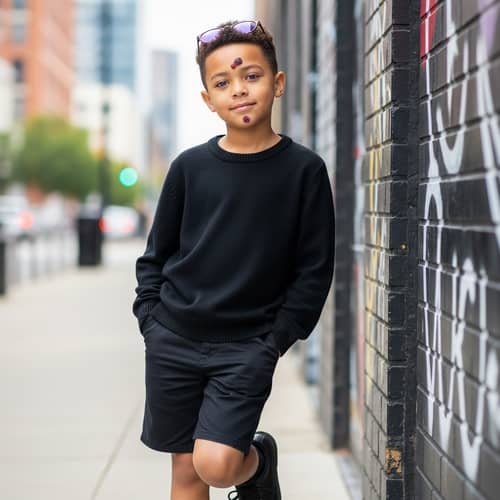 Mixed-Race Boy with Glasses, Black Outfit & Purple Eyes