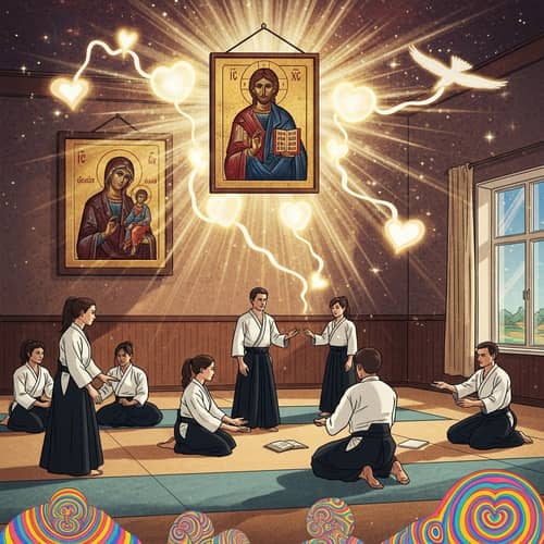 Tranquil Aikido Practice with Spiritual Icons and Ethereal Lights
