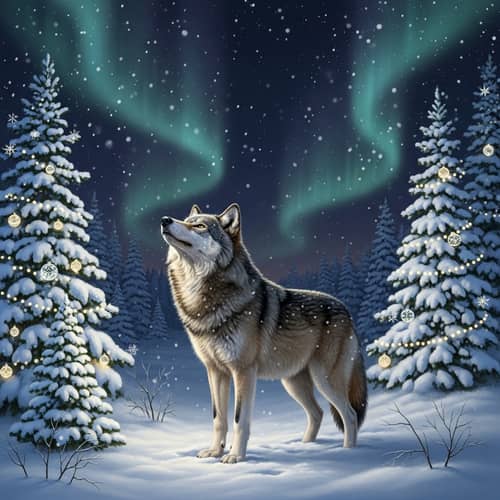 Winter Holiday Scene with Wolf - Magical Depiction of Nature