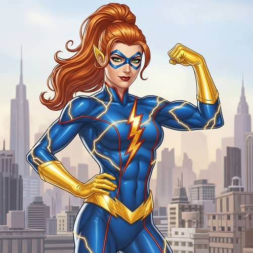 Determined Superhero with Vibrant Amber-Red Hair