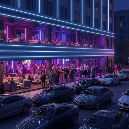 Lively Night Club in City | Neon Lights, Music, & Luxury Cars