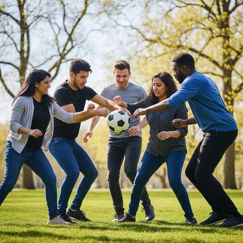 Diverse Group Playing Football with Joy | Park Setting