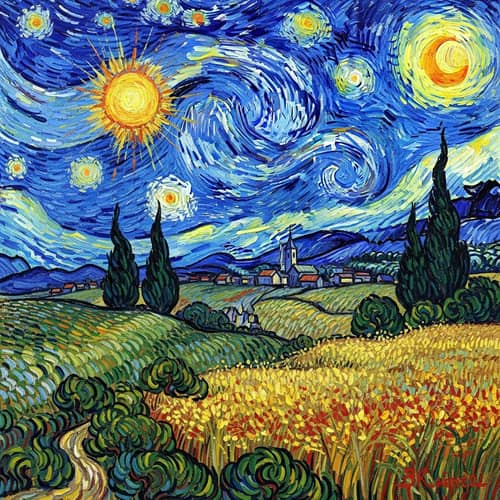 Van Gogh Inspired Artwork: Swirling Skies, Vibrant Colors, Bold Brushstrokes