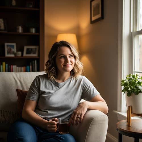 Casual Fair-Haired Woman in Warmly Lit Room
