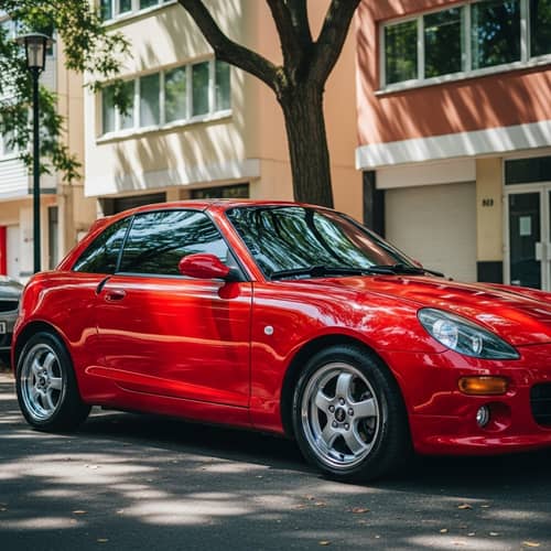 Red Glossy Two-Door Sportscar Parked Under Tree-Lined Street