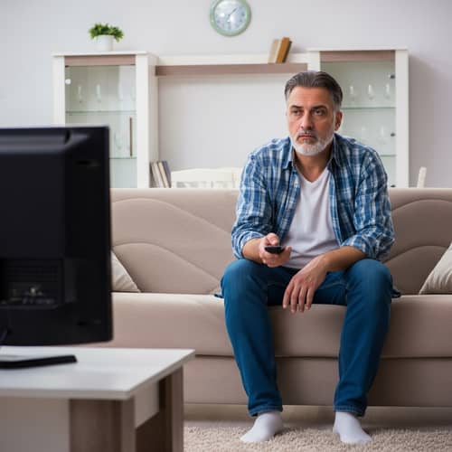 Tired Middle-Aged Man in Modest Living Room | Life Struggles
