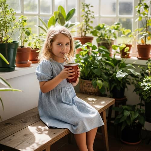 Young Caucasian Girl Enjoying Yerba Mate in Sunlit Greenery