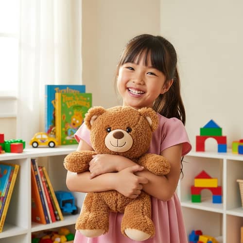 Joyful Asian Girl with New Teddy Bear Plushie in Child-Friendly Room