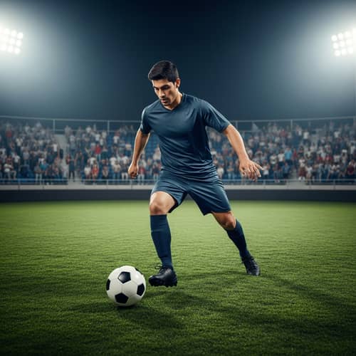 Dynamic Hispanic Male Soccer Player Dribbling on Field