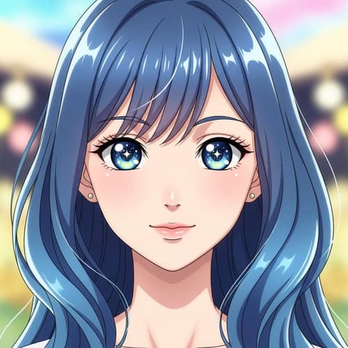 Blue Haired Girl in Anime Style with Twinkling Starry Eyes