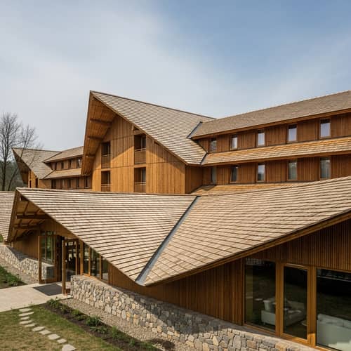 Sustainable Modern Hotel with Stone, Wood & Bamboo Roof