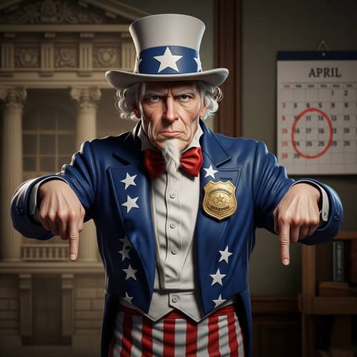 Elderly Uncle Sam Urges Tax Time - Governance Badge, Calendar
