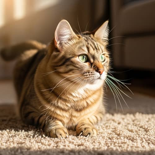 Adorable Domestic Cat with Sparkling Green Eyes on Cozy Carpet