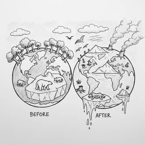 Before and After Climate Change Drawing: Earth, Endangered Animals, Melting Ice Caps