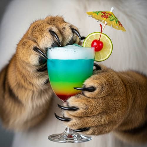 Colorful Cocktail in Fluffy Paws: Fun Drink with Decorative Umbrella
