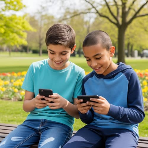 Diverse Boys Engrossed in Technology | Green Park Scene