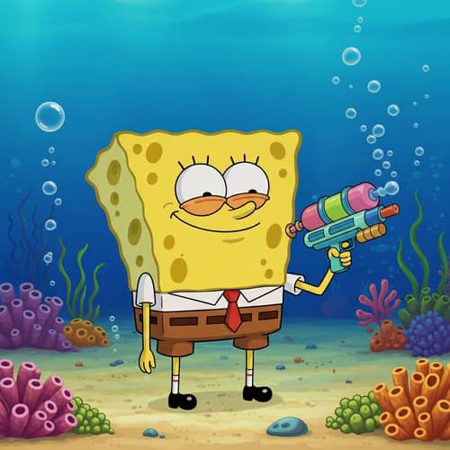 Funny Sponge Character with Water Gun on Sandy Seabed