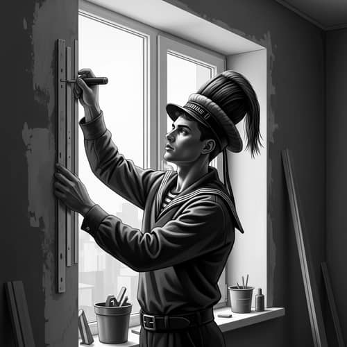 Vintage Russian Builder in Sailor's Uniform: Renovation Scene