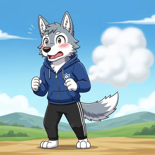 Anime Style Wolf Character Emitting White Gas - Humorous Illustration