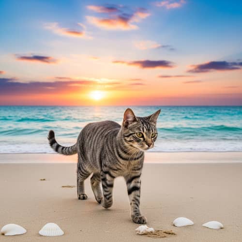 Grey Striped Cat Beach Sunset | Ocean Breeze Seashells