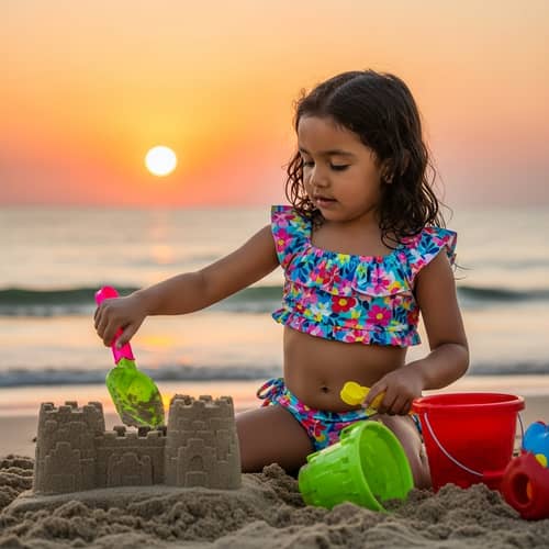 Hispanic Child Building Sandcastle at Sunset Beach