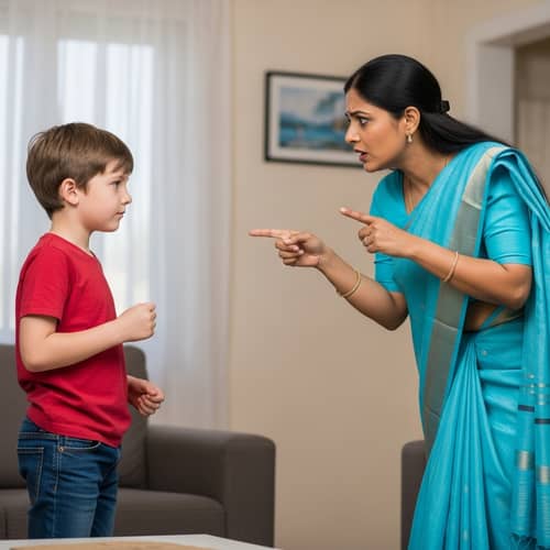 Disobedient Son and Concerned Mother in Living Room