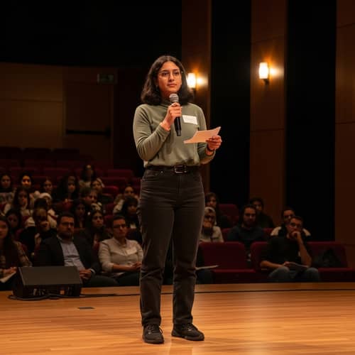 Confident Middle Eastern Student Speaking on Stage
