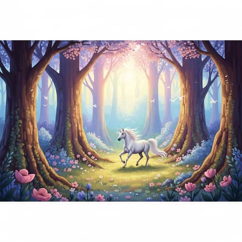 Mystical Forest Unicorn Galloping in Sunlit Clearing