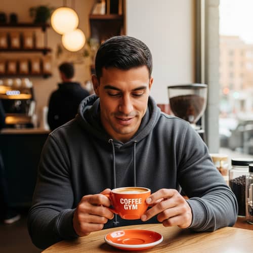 Hispanic Athlete at Coffee Shop with 'COFFEE GYM' Cup
