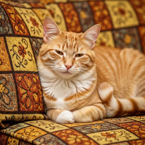 Cute Domestic Cat on Soft Cushion | Relaxing Striped Kitty
