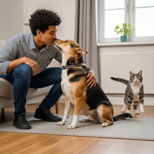 Diverse Descent Individual Kissing Dog with Surprised Cat Watching