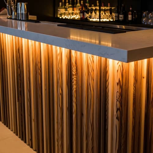 Wooden Slat Bar Counter with White Stone Countertop