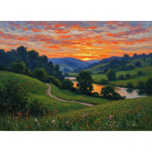 Impressionist Landscape Art: Tranquil Countryside Sunset