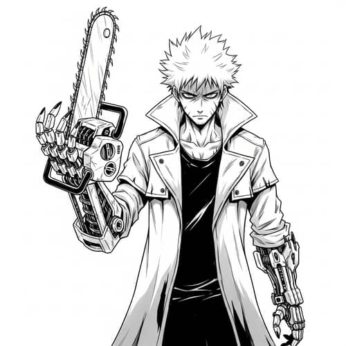 Monochromatic Chainsaw Character Drawing | Artwork in Grayscale Tones