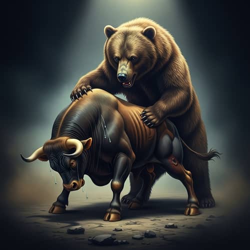 Dynamic Scene Depicting Bear Market Triumph - Financial Art