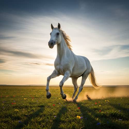 Majestic White Thoroughbred Horse Galloping - Equine Photo