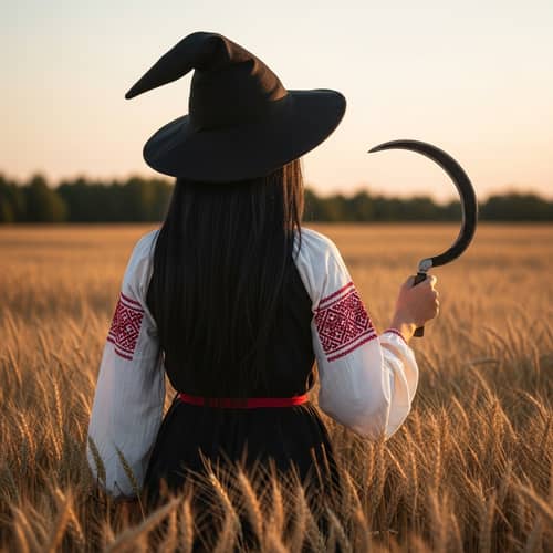 Slavic Black-Haired Witch in Wheat Field with Sickle