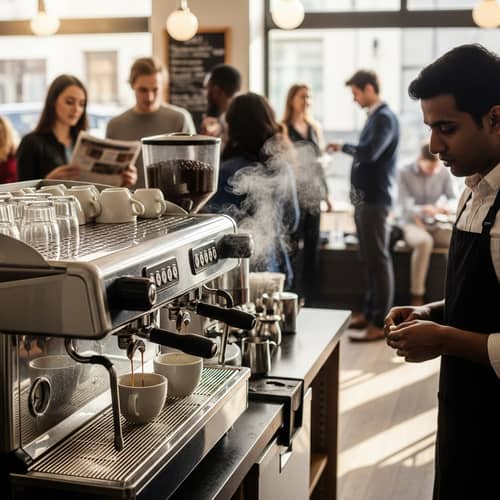 Morning Espresso Scene at Busy Café | Freshly Brewed Coffee