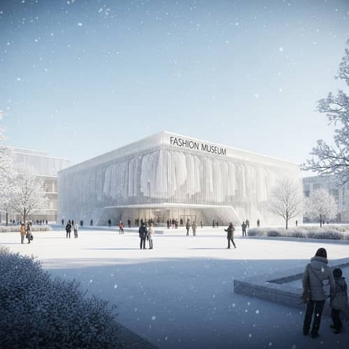 Bio-Tech Style Fashion Museum in Snow-Covered Landscape